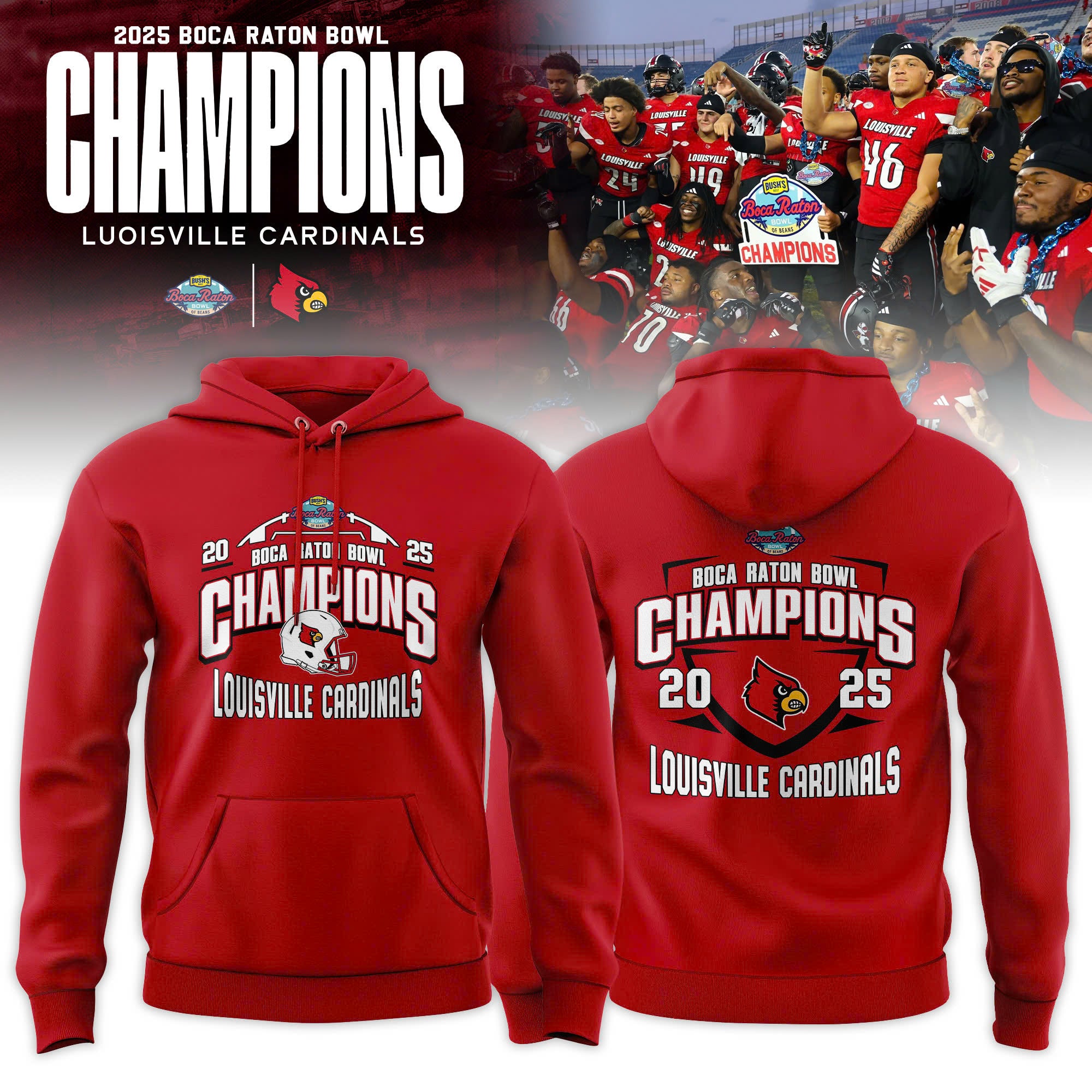 Louisville Cardinals 2025 Boca Raton Bowl Champions Hoodie