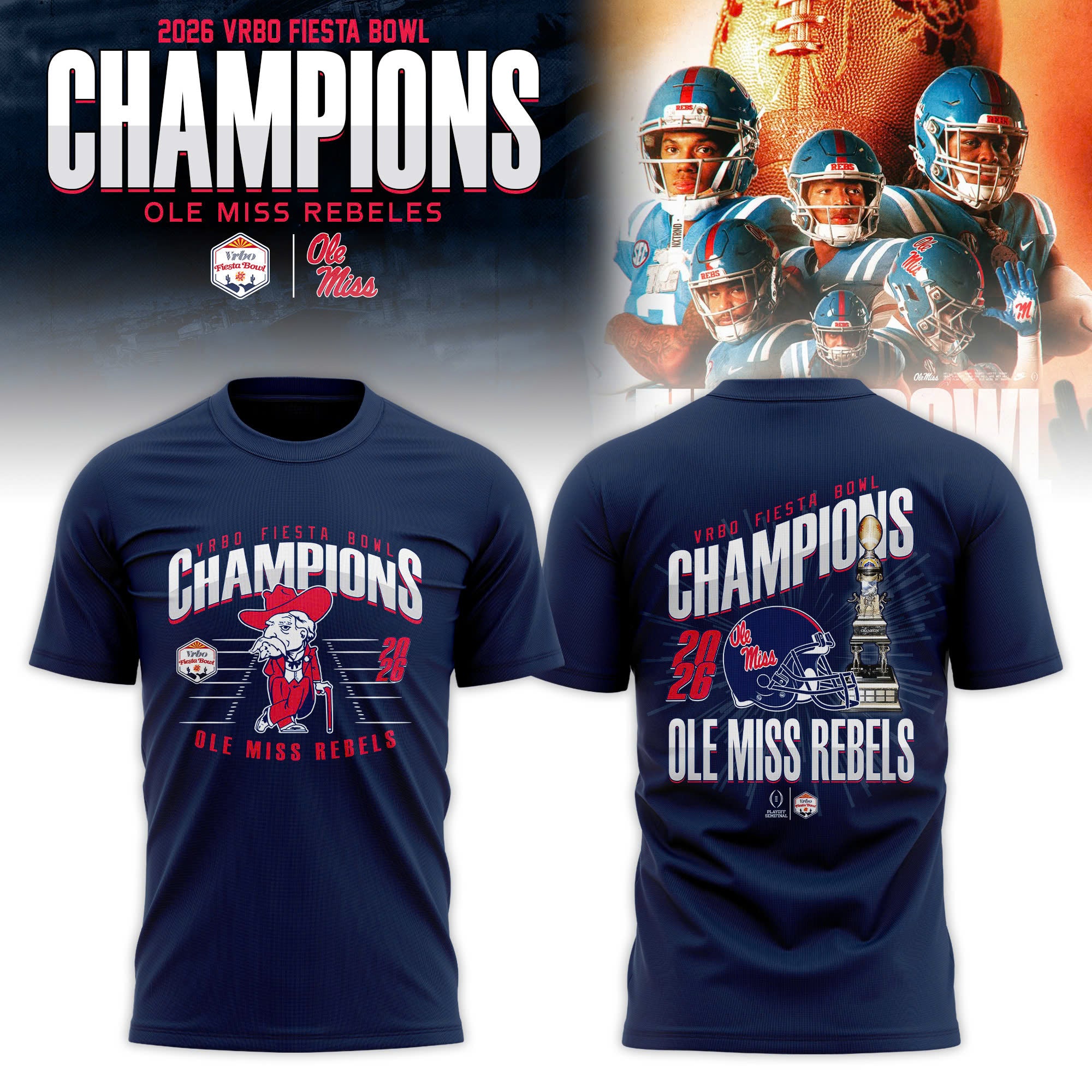 Ole Miss Rebels 2026 Fiesta Bowl Champions T-shirt - Navy