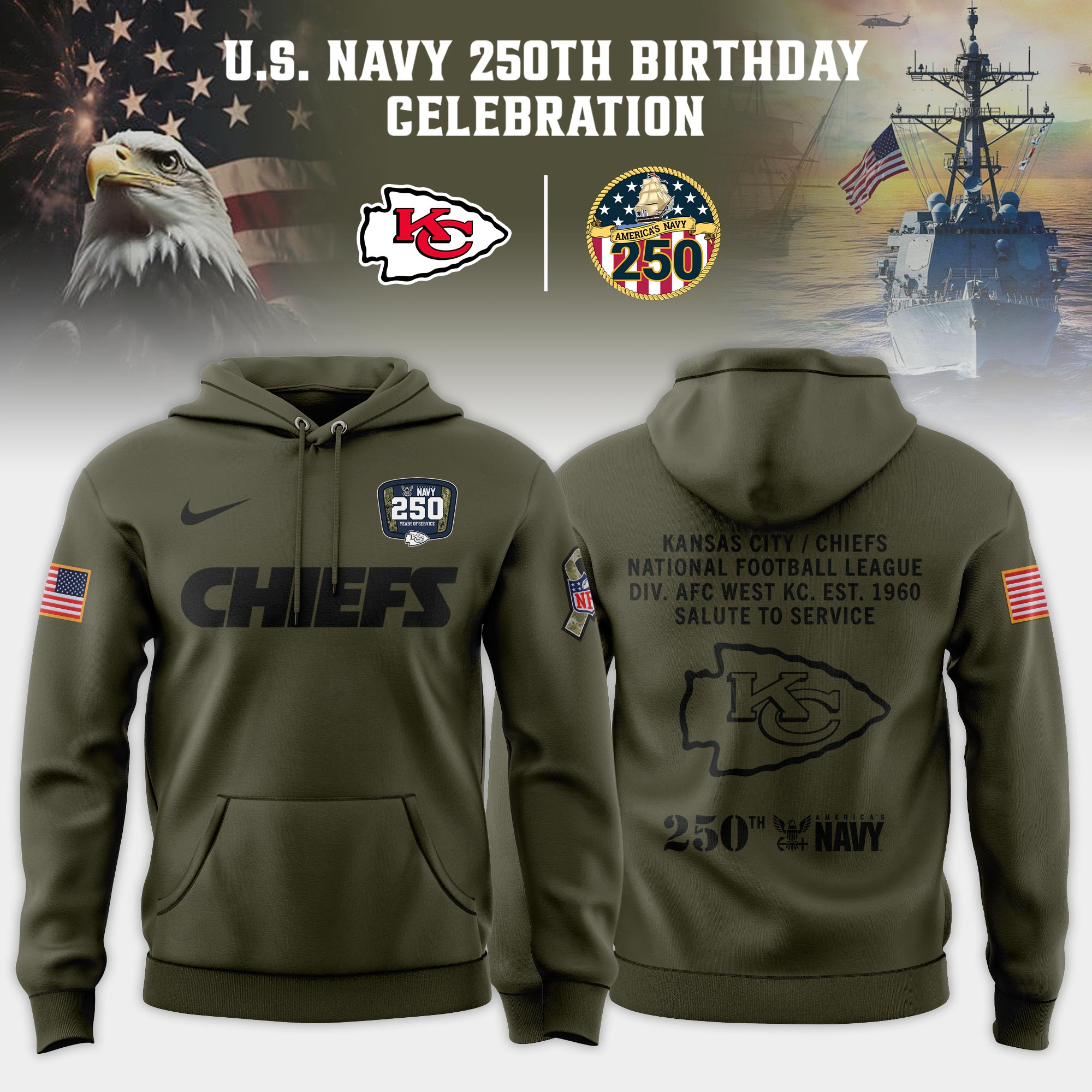 Kansas City Chiefs US Navy's 250th Birthday Limited Editions Hoodie