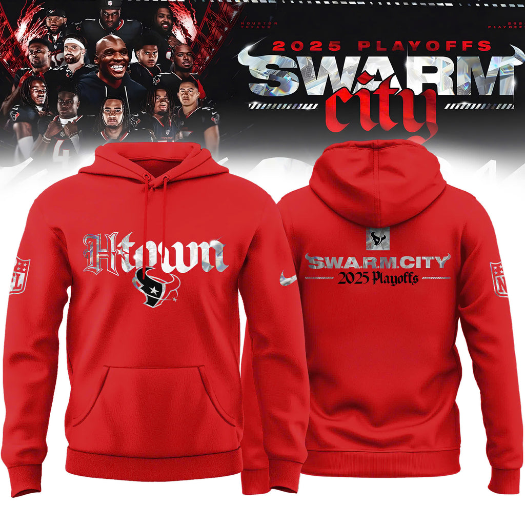 _Houston Texans 2025 NFL Playoffs S.W.A.R.M. City Special Edition Red Hoodie